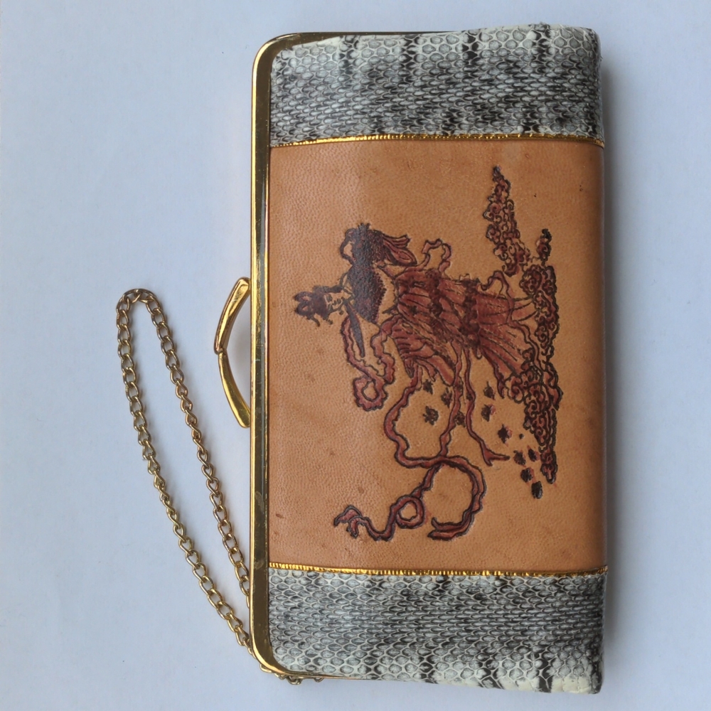 Vintage or antique hand made leather and snake skin oriental wristlet/wallet